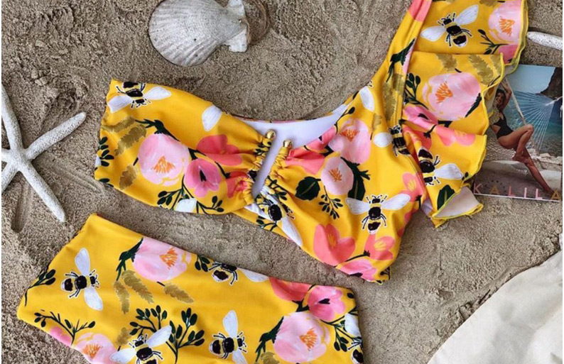 Fashion Yellow Bottom Printing One-shoulder Printed Ruffled High Waist Split Swimsuit,Bikini Sets