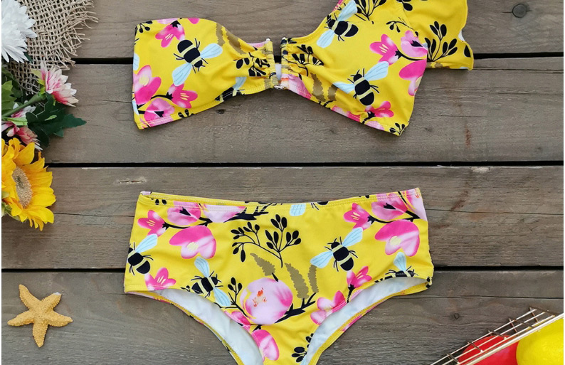 Fashion Yellow Bottom Printing One-shoulder Printed Ruffled High Waist Split Swimsuit,Bikini Sets