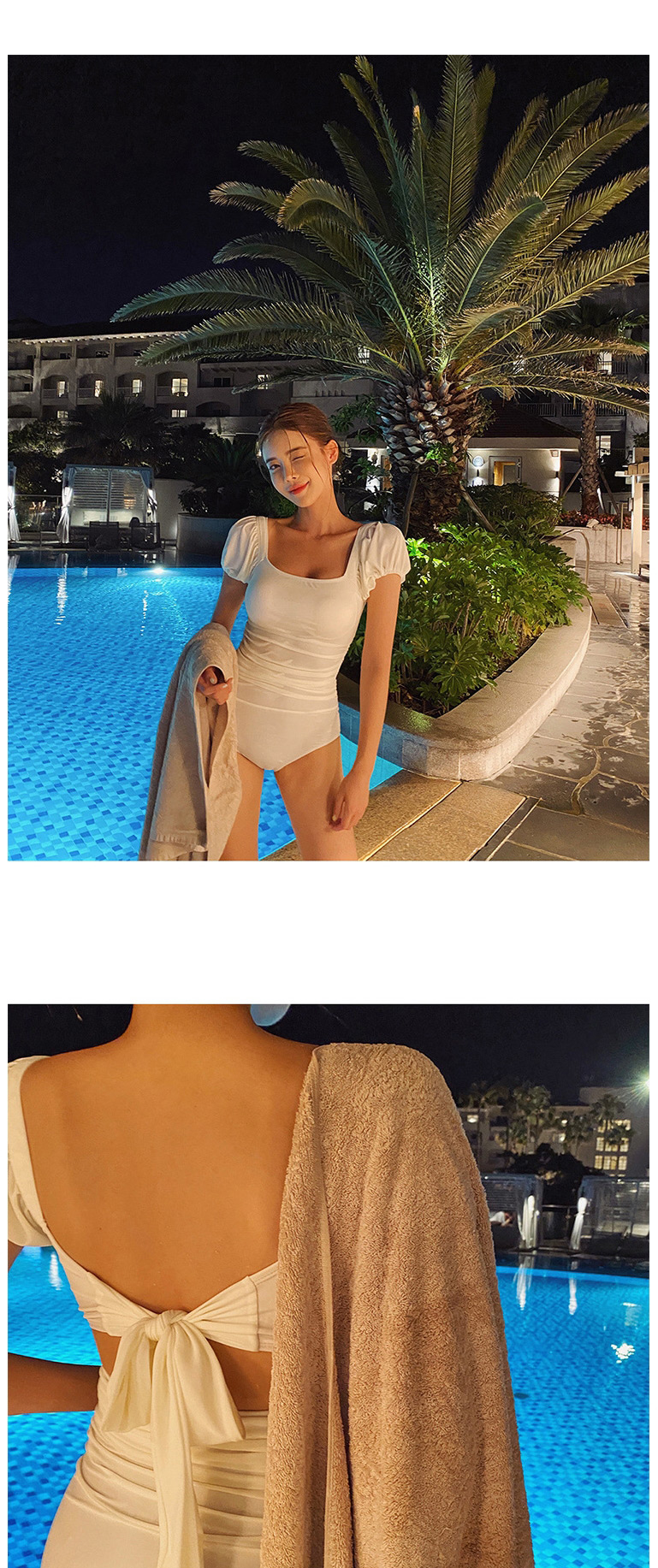 Fashion White Small Chest Gathered Short Sleeve Square Neck One-piece Swimsuit,One Pieces
