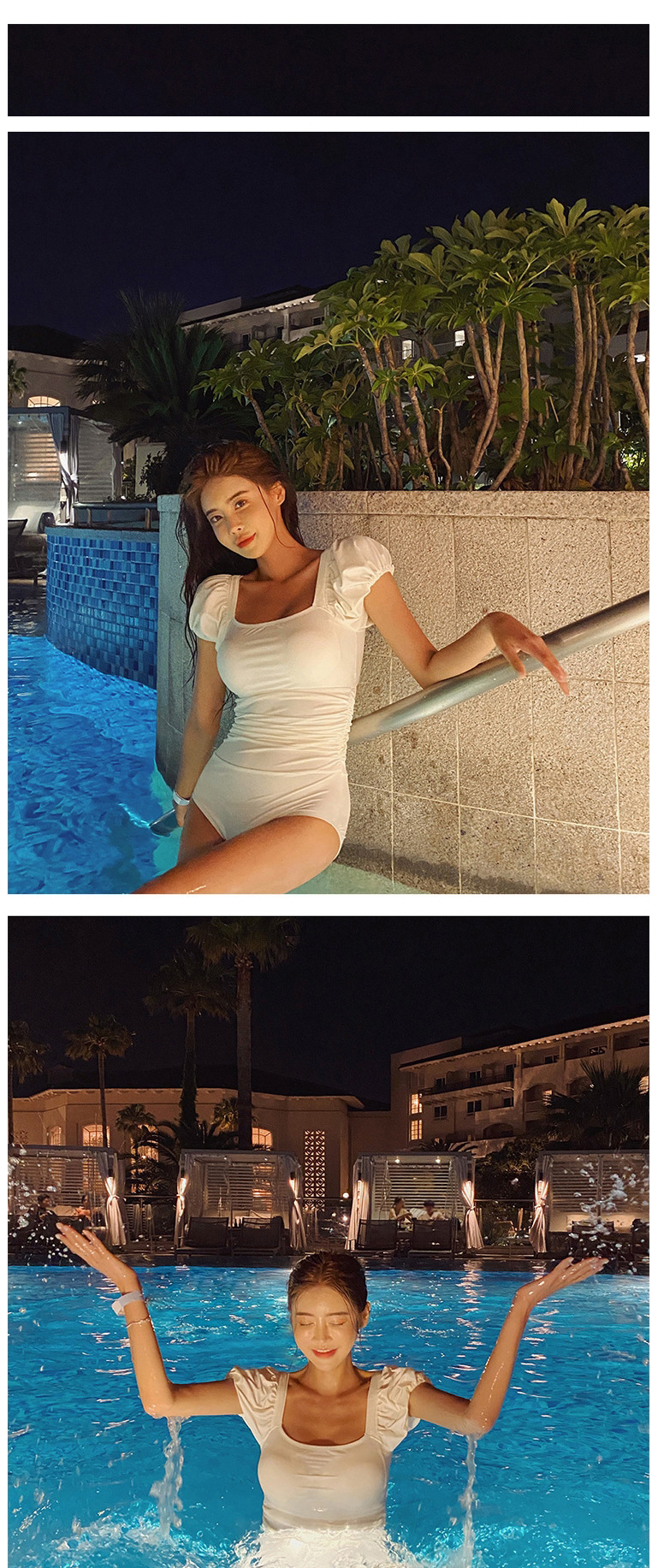 Fashion White Small Chest Gathered Short Sleeve Square Neck One-piece Swimsuit,One Pieces