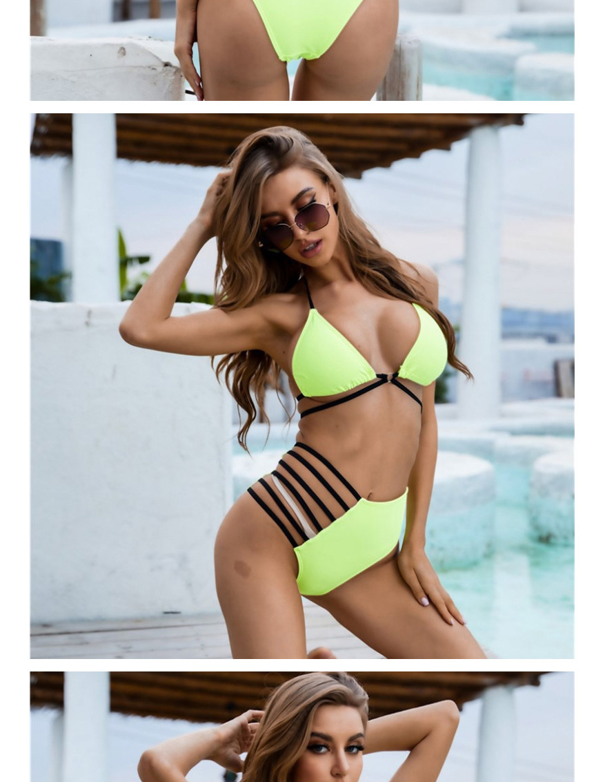 Fashion Fluorescent Yellow Solid Color Open Back Halterneck Lace Split Swimsuit,Bikini Sets
