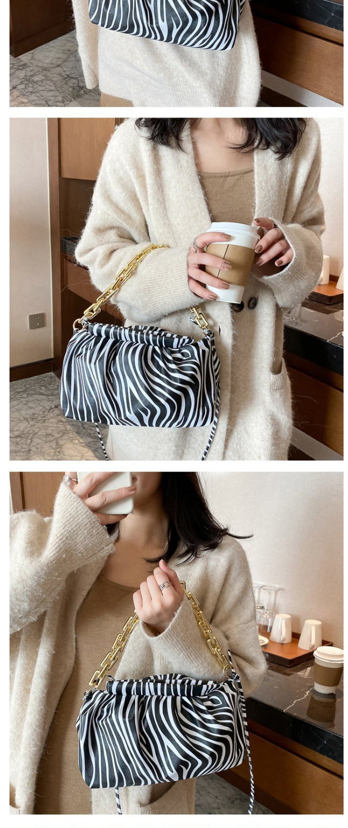 Fashion Zebra Pattern Chain Pleated Leopard Print Diagonal Shoulder Bag,Messenger bags