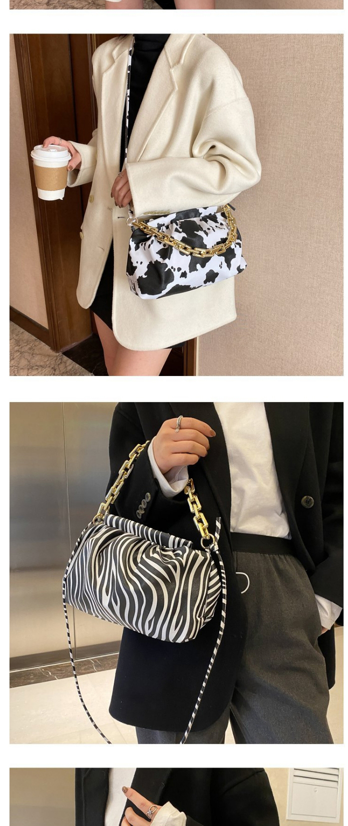 Fashion Black And White Cow Pattern Chain Pleated Leopard Print Diagonal Shoulder Bag,Messenger bags