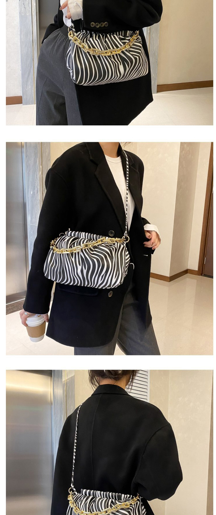 Fashion Black And White Cow Pattern Chain Pleated Leopard Print Diagonal Shoulder Bag,Messenger bags