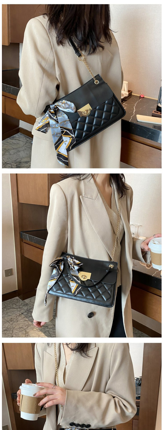 Fashion Brown Silk Scarf Rhombus Lock Diagonal Shoulder Bag,Messenger bags
