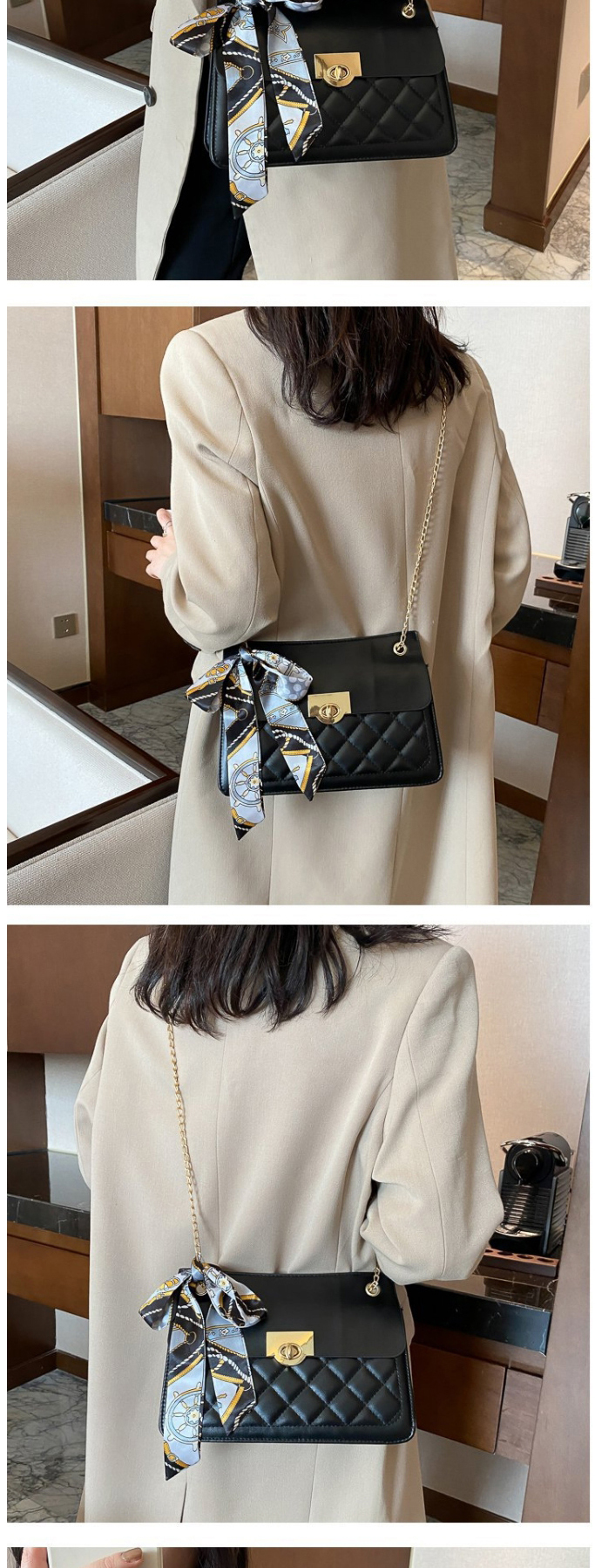 Fashion Dark Brown Silk Scarf Rhombus Lock Diagonal Shoulder Bag,Messenger bags
