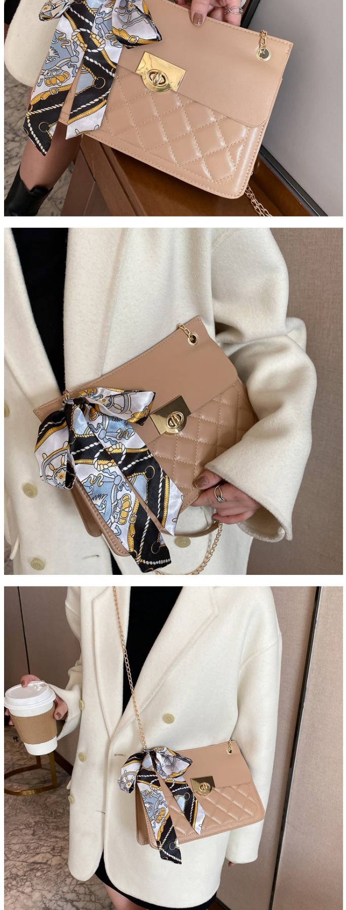 Fashion Dark Brown Silk Scarf Rhombus Lock Diagonal Shoulder Bag,Messenger bags
