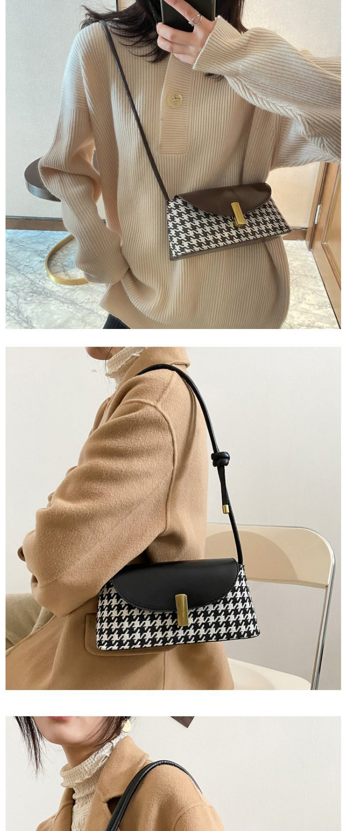 Fashion Dark Brown Soft Leather Houndstooth Lock One-shoulder Diagonal Bag,Shoulder bags