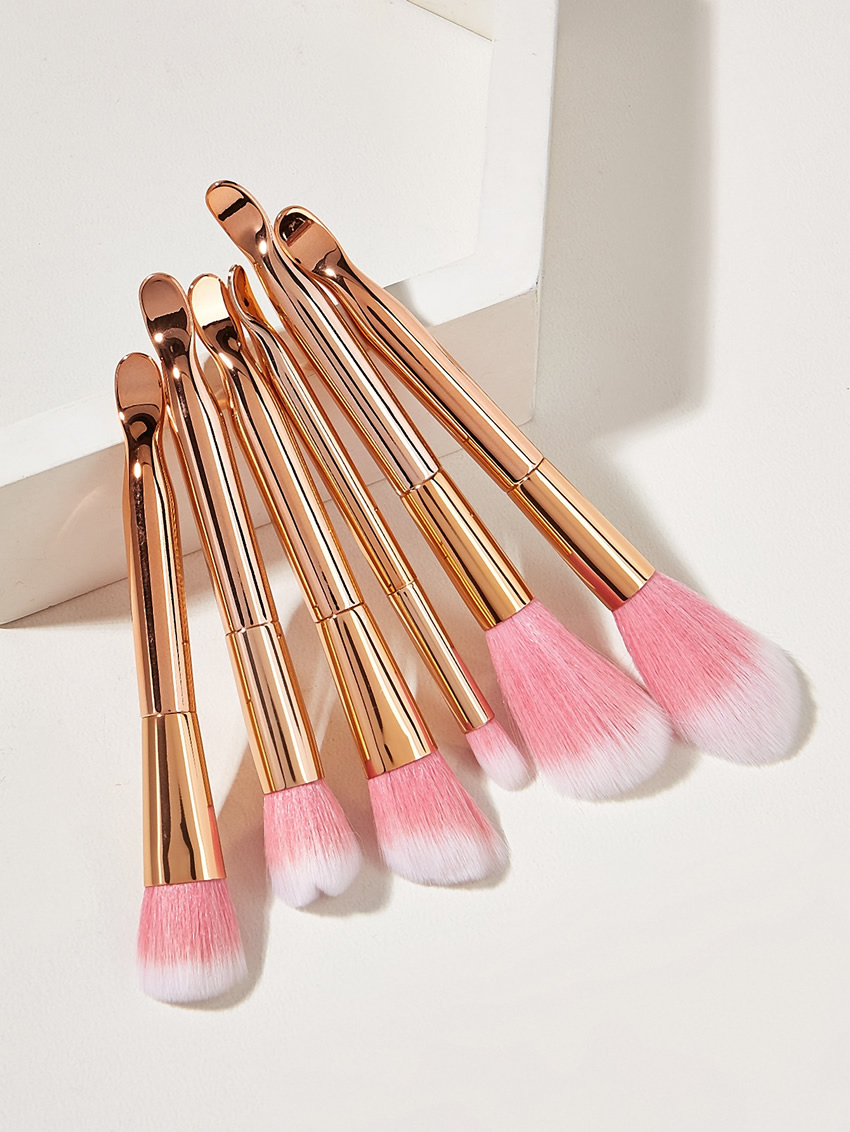 Fashion Rose Gold Color 6pcs Curved Ear Plastic Handle Aluminum Tube Nylon Hair Makeup Brush,Beauty tools