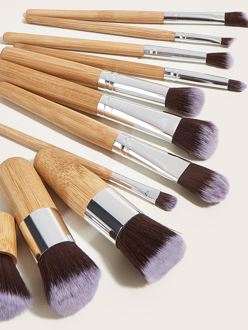 Fashion Wood Color 11pcs Bamboo Handle Aluminum Tube Nylon Hair Makeup Brush Set,Beauty tools