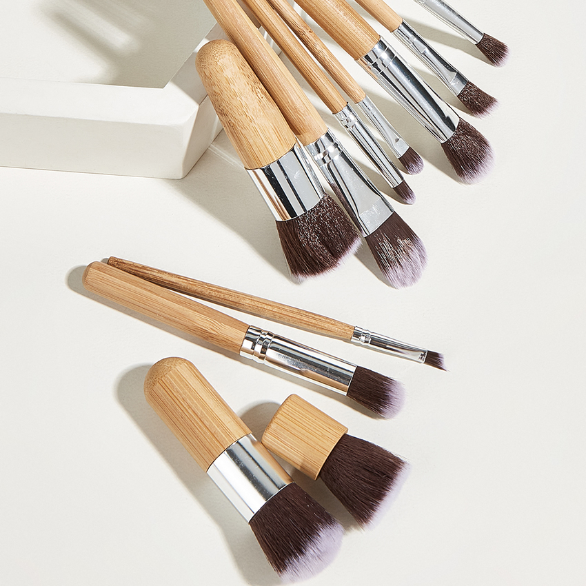 Fashion Wood Color 11pcs Bamboo Handle Aluminum Tube Nylon Hair Makeup Brush Set,Beauty tools
