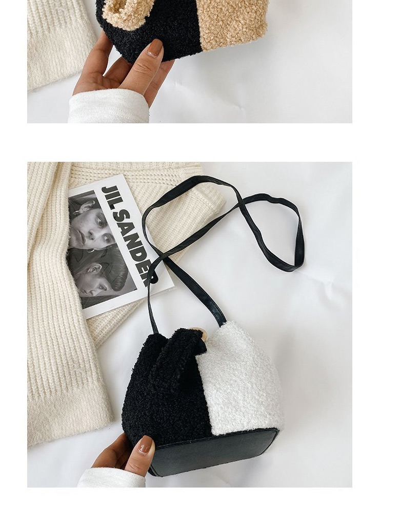 Fashion Black With White Lamb Wool Stitching Contrast Color Single Shoulder Messenger Bag,Shoulder bags
