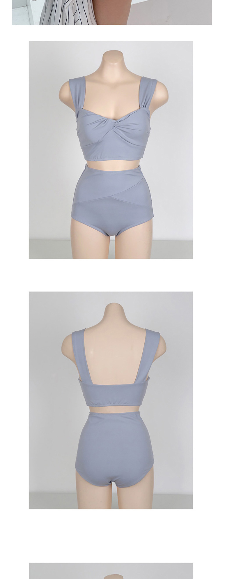 Fashion Navy Blue Knotted High Waist Stitched Split Swimsuit,Bikini Sets