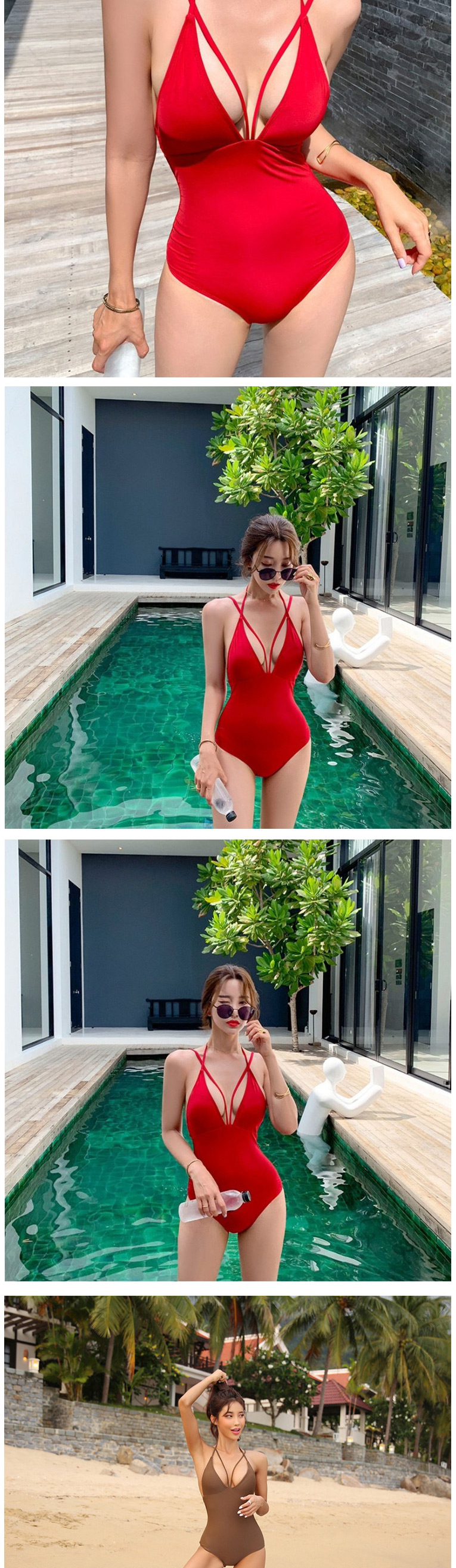 Fashion Coffee Color Triangle Bust Open Back One-piece Swimsuit,One Pieces