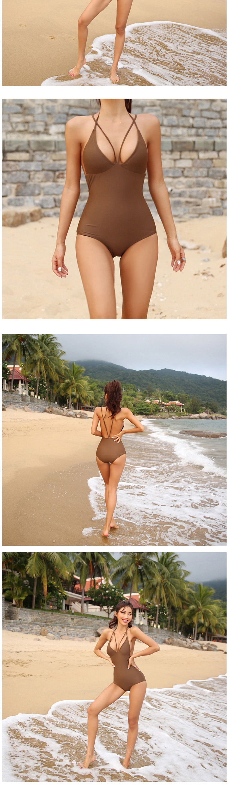 Fashion Coffee Color Triangle Bust Open Back One-piece Swimsuit,One Pieces