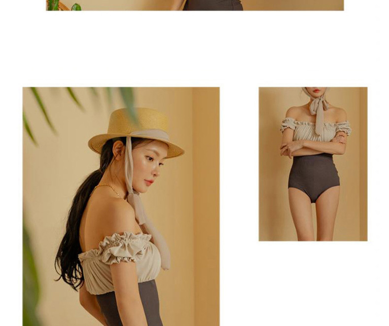 Fashion Coffee Sleeveless High-waisted Swimsuit With Wood Ears,One Pieces