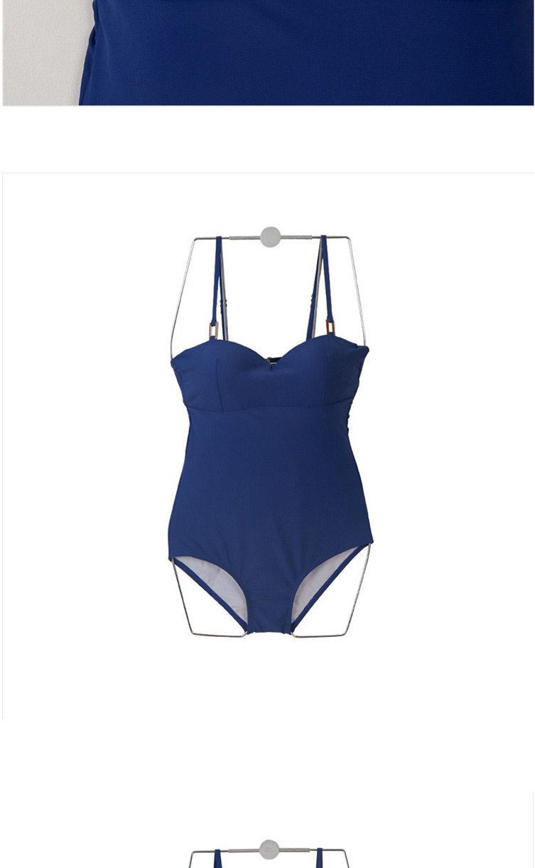 Fashion Blue Sling Gathered Solid Color One-piece Swimsuit,One Pieces