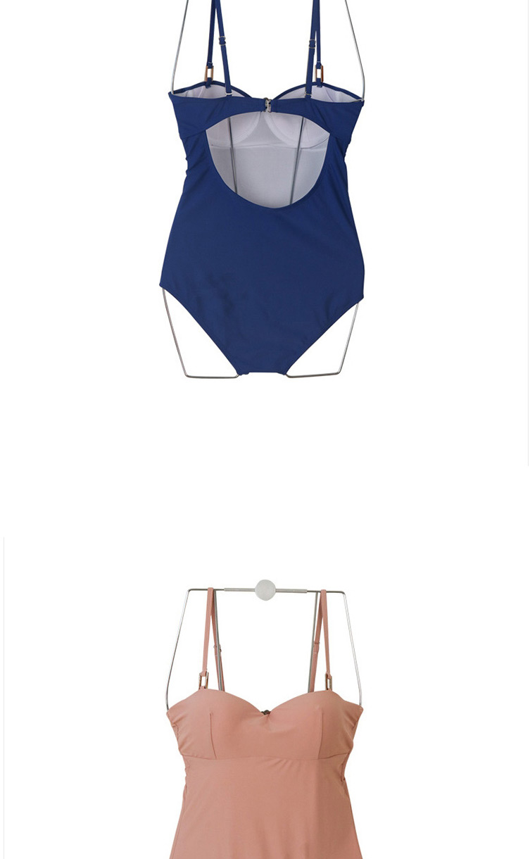 Fashion Blue Sling Gathered Solid Color One-piece Swimsuit,One Pieces