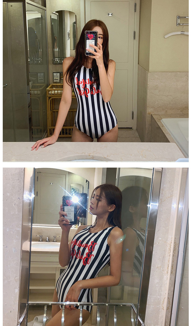 Fashion Stripe Striped Halter Letter Print One-piece Swimsuit,One Pieces