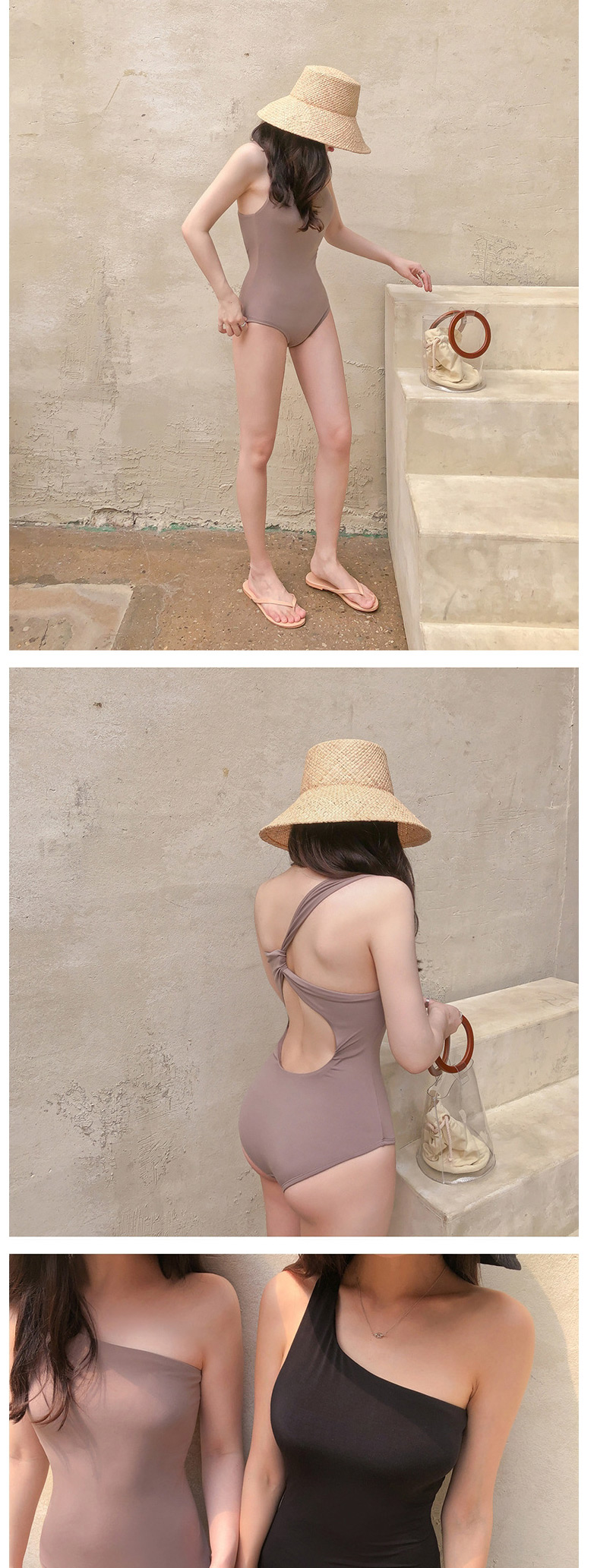 Fashion Light Khaki One-shoulder Open Back Solid Color One-piece Swimsuit,One Pieces