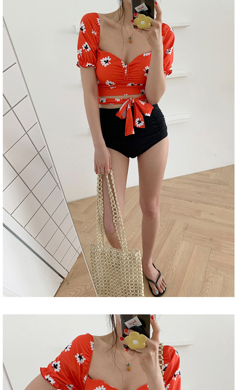 Fashion Printing Triangle High Waist Half Sleeve Printed Split Swimsuit,Swimwear Sets