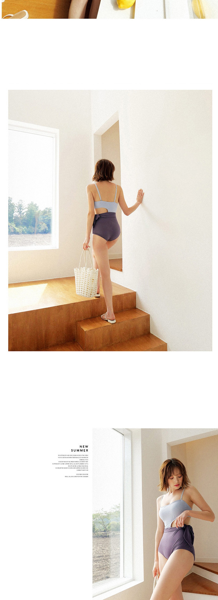 Fashion Blue Small Chest Gathered Contrast Color Hollow One-piece Swimsuit,One Pieces
