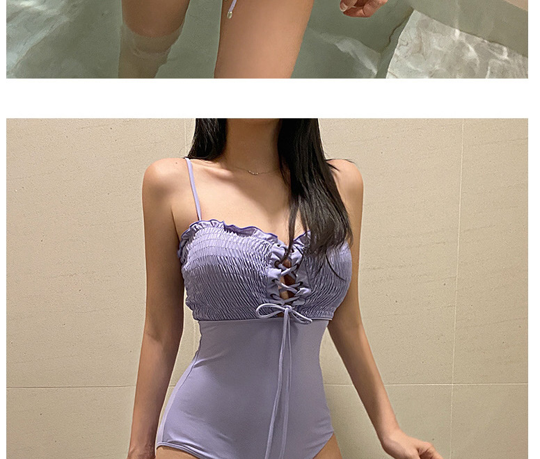 Fashion Purple Slim-fit Lace-up Gathered One-piece Swimsuit,One Pieces