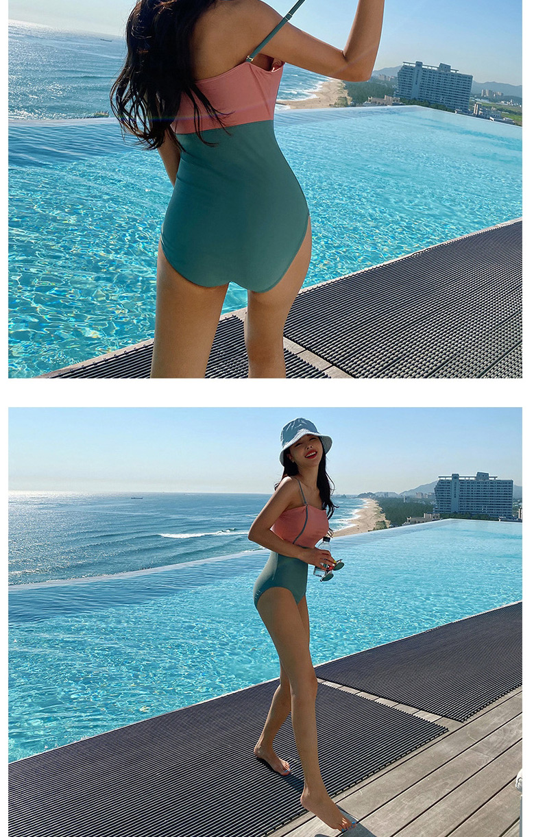 Fashion Color Mixing Stitched High Waist Contrast Color One-piece Swimsuit,One Pieces