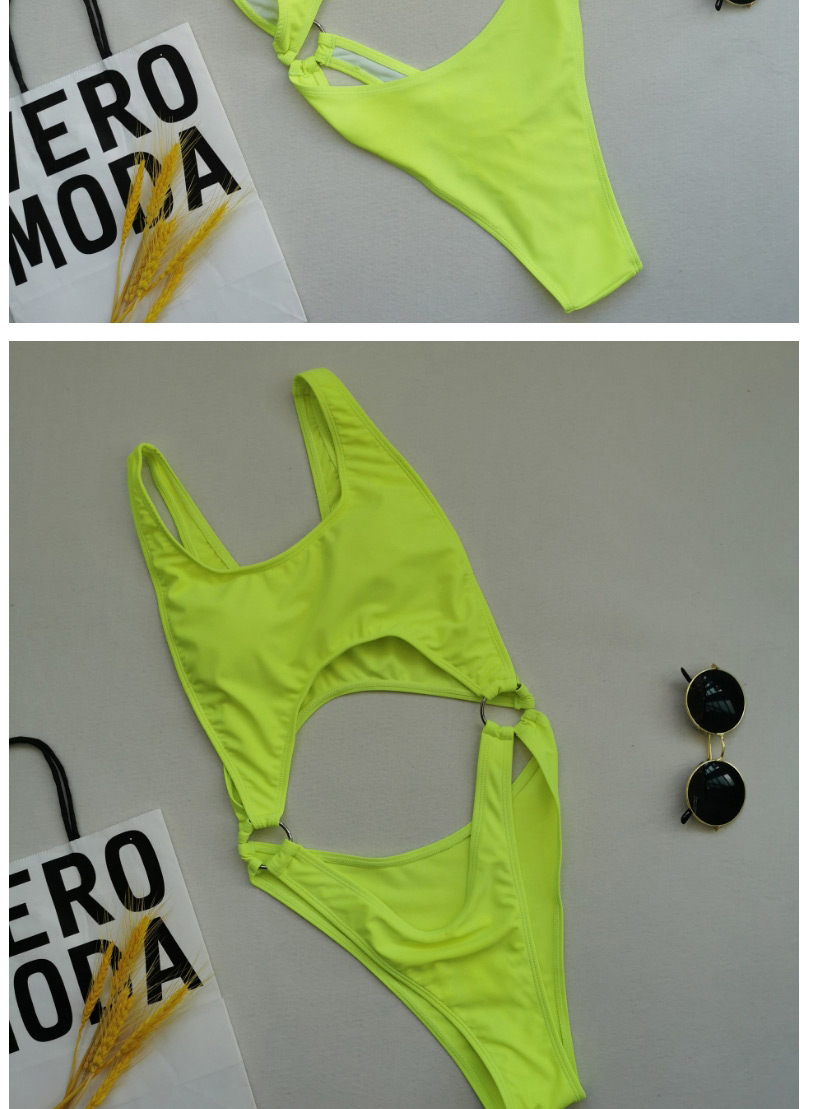 Fashion Fluorescent Yellow Hollow Solid Color Open Back One-piece Swimsuit,One Pieces