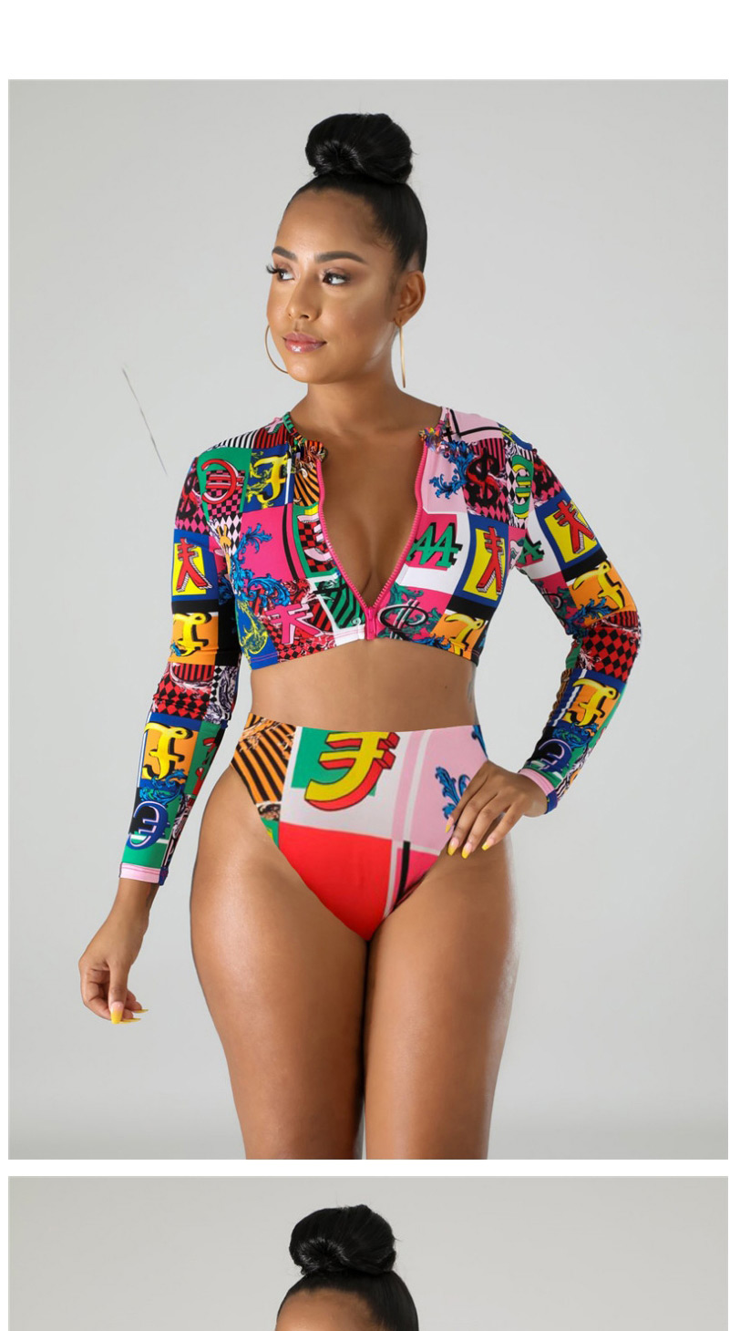 Fashion Geometric Print Graffiti Printed Zipper Long-sleeved Sunscreen Split Swimsuit,Swimwear Sets