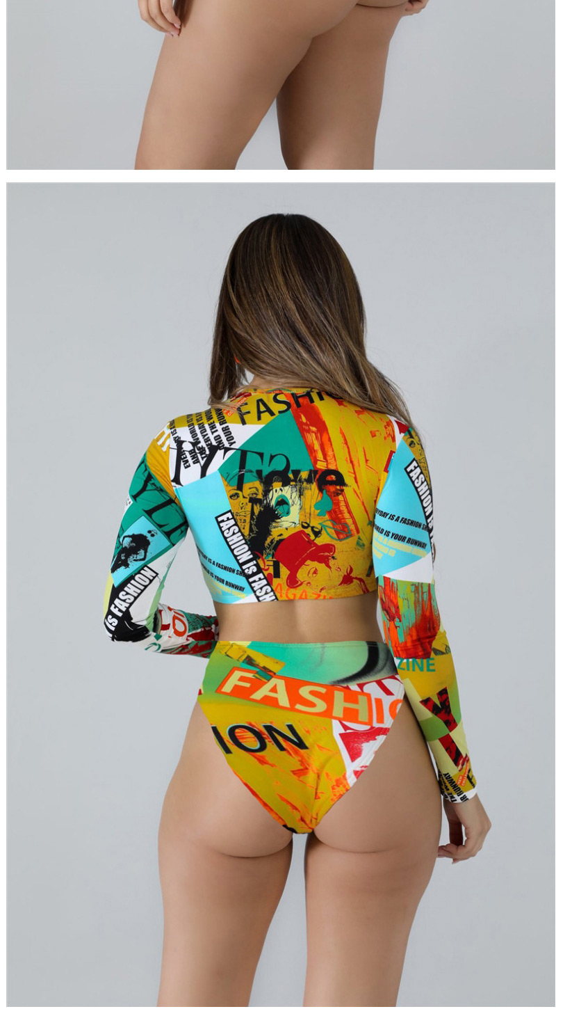 Fashion Abstract Print Graffiti Printed Zipper Long-sleeved Sunscreen Split Swimsuit,Swimwear Sets