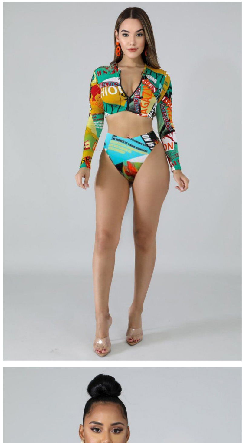 Fashion Green Print Graffiti Printed Zipper Long-sleeved Sunscreen Split Swimsuit,Swimwear Sets