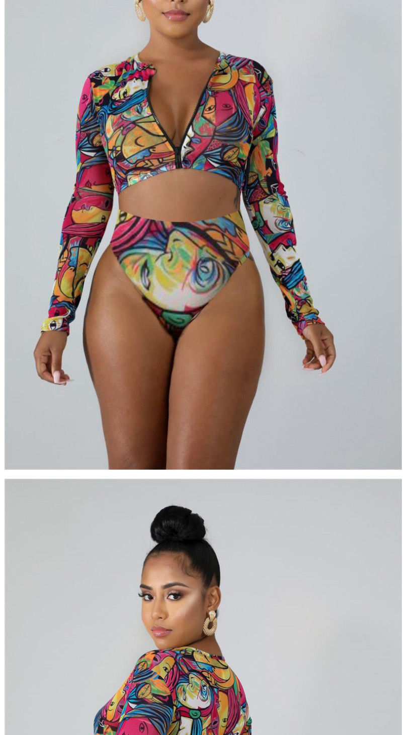 Fashion Geometric Print Graffiti Printed Zipper Long-sleeved Sunscreen Split Swimsuit,Swimwear Sets