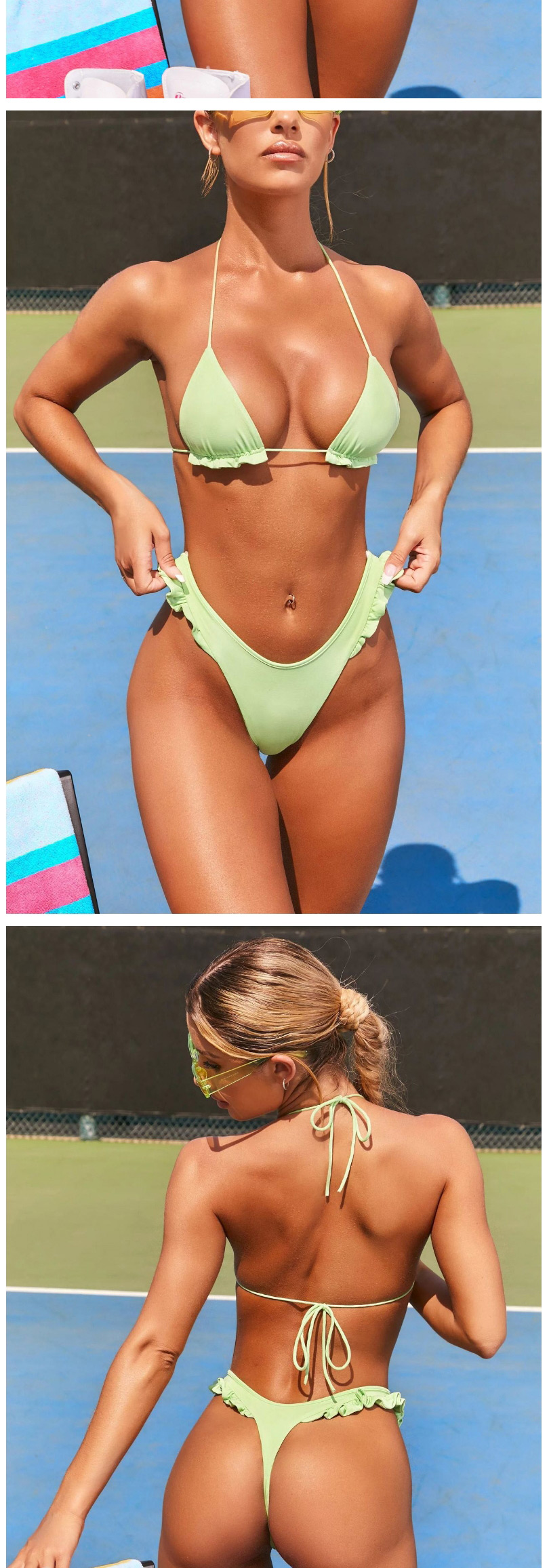Fashion Green Solid Color Triangle Ruffled Split Swimsuit,Bikini Sets