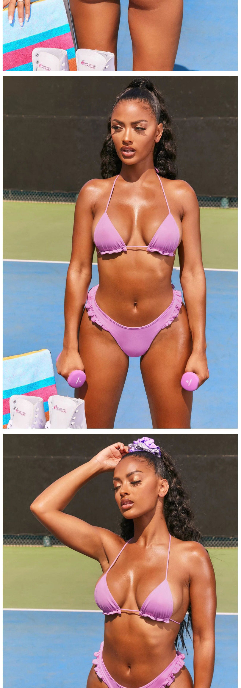 Fashion Purple Solid Color Triangle Ruffled Split Swimsuit,Bikini Sets