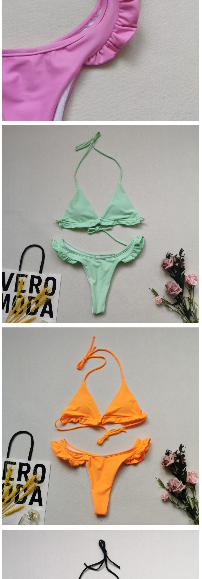 Fashion Orange Solid Color Triangle Ruffled Split Swimsuit,Bikini Sets