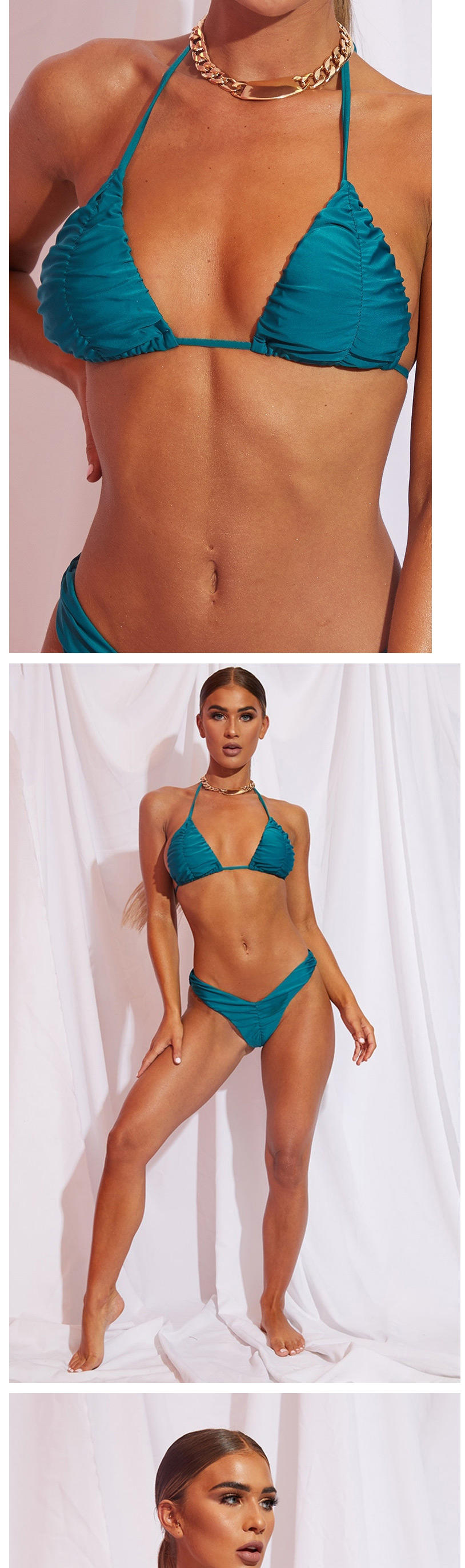 Fashion Coffee Color Solid Color Pleated Triangle Soft Cover Split Swimsuit,Bikini Sets