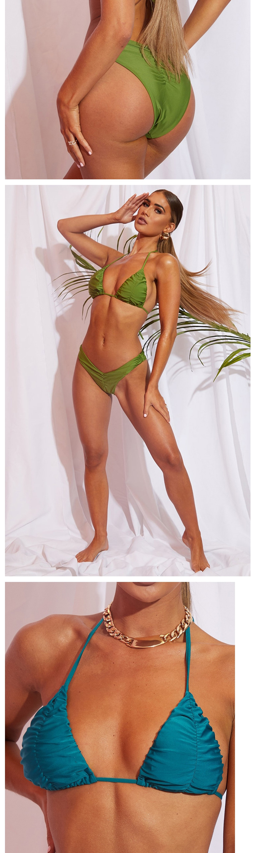Fashion Green Solid Color Pleated Triangle Soft Cover Split Swimsuit,Bikini Sets