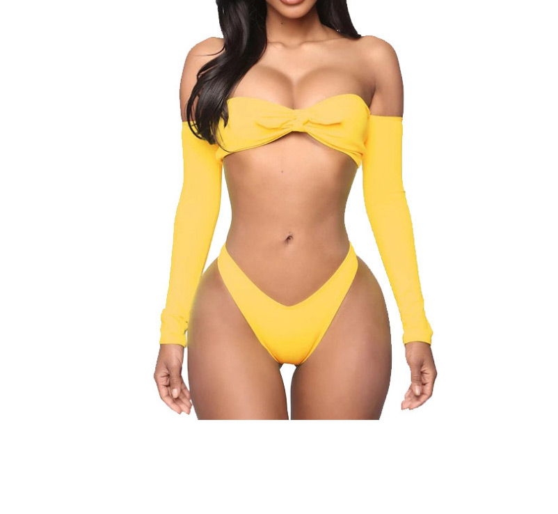 Fashion Yellow Pure Color Knotted Long Sleeve Split Swimsuit,Swimwear Sets