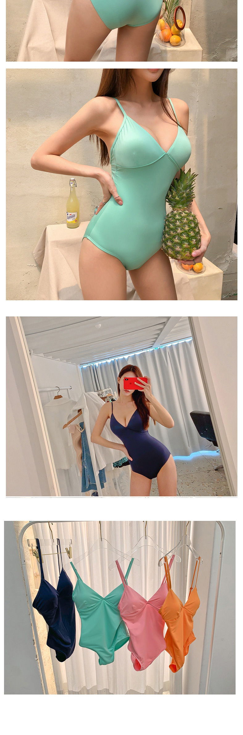 Fashion Green Gathered Backless V-neck Sling One-piece Swimsuit,One Pieces