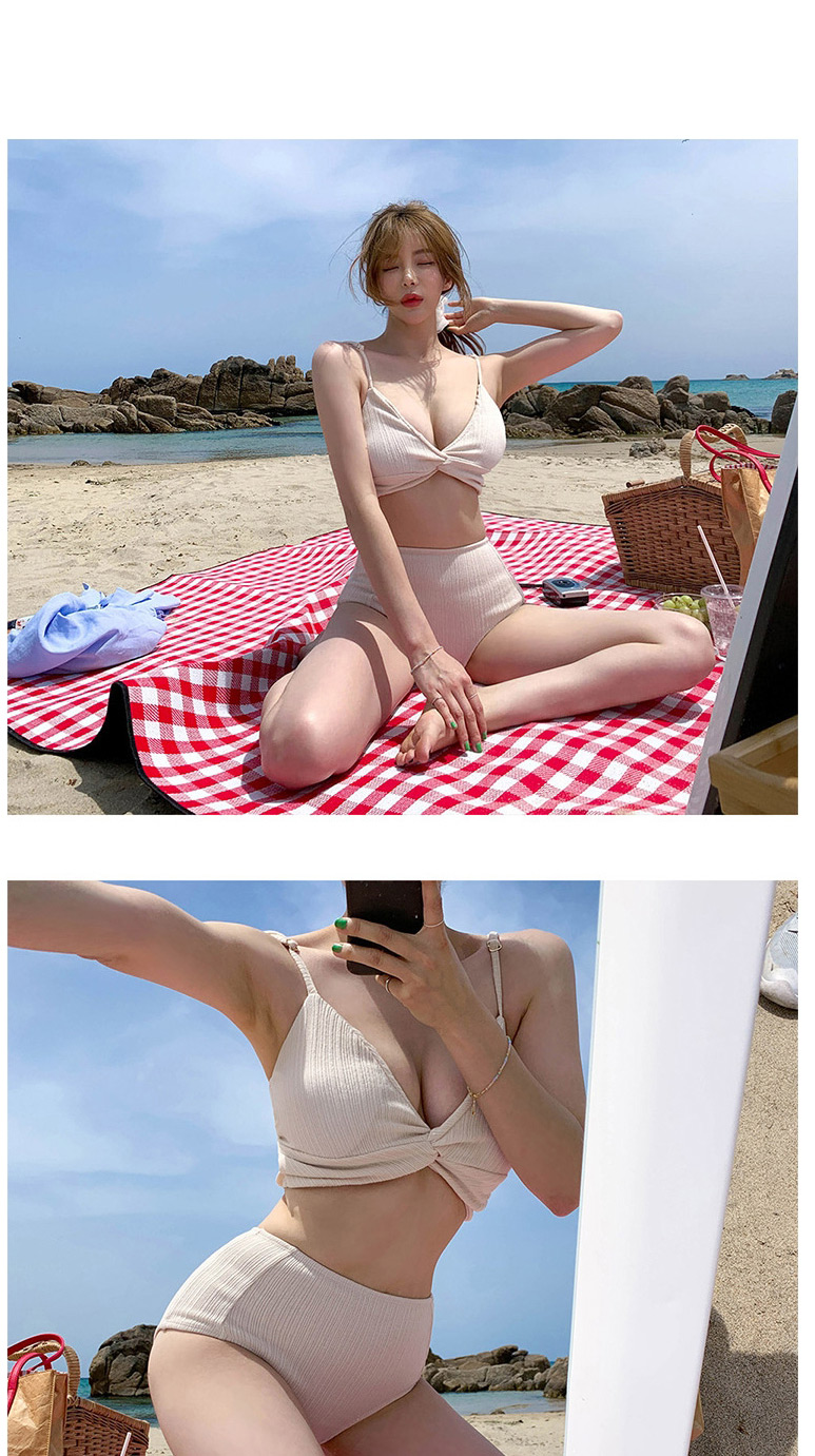 Fashion Beige Cross Solid Color High Waist Split Swimsuit,Bikini Sets