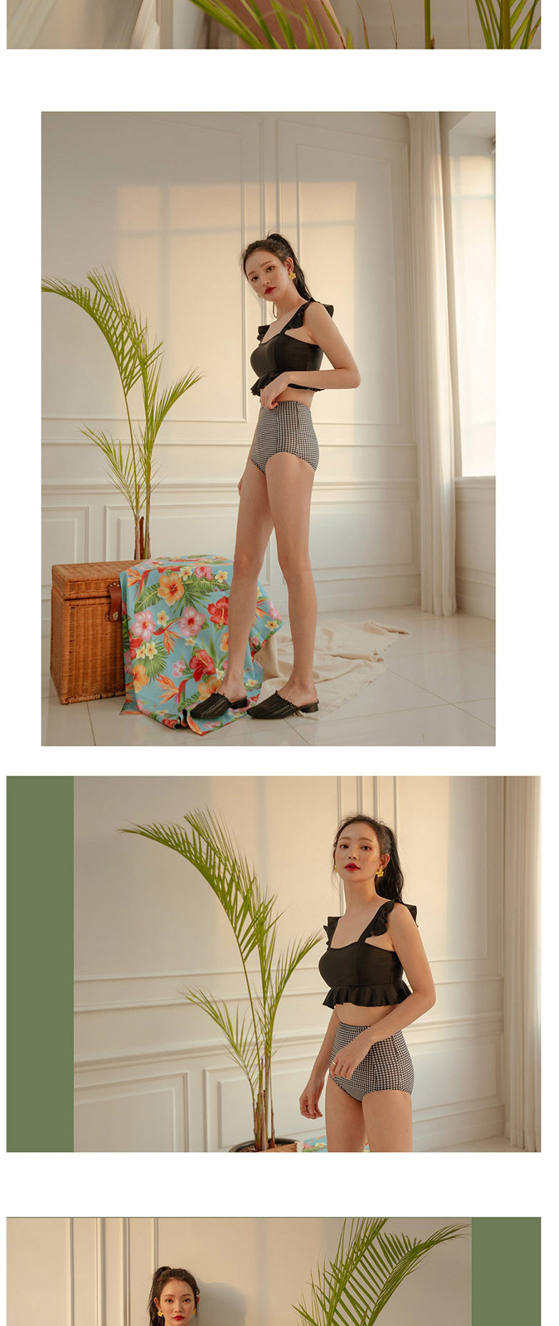 Fashion Lattice High-waisted Plaid Split Swimsuit With Fungus,Bikini Sets