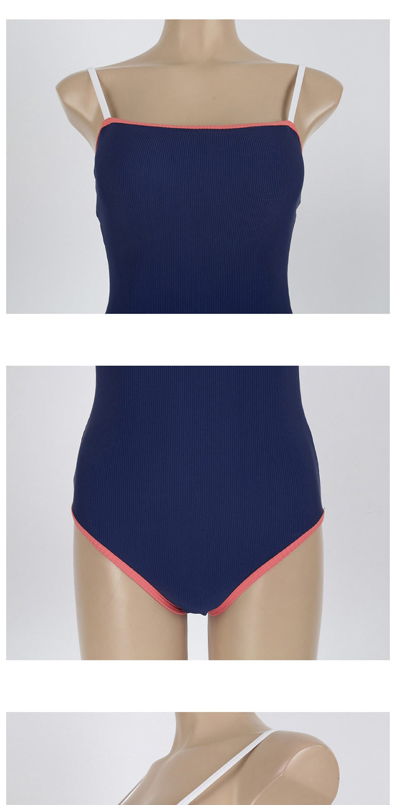 Fashion Navy Striped Contrast Solid Color One-piece Swimsuit,One Pieces