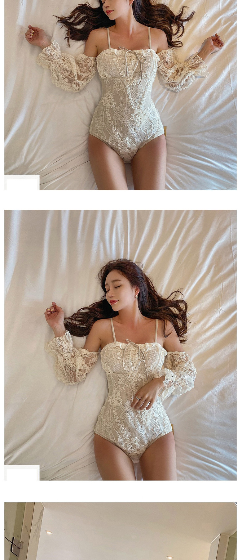 Fashion Beige Small Chest Gathered Sling Lace Long-sleeved One-piece Swimsuit,One Pieces
