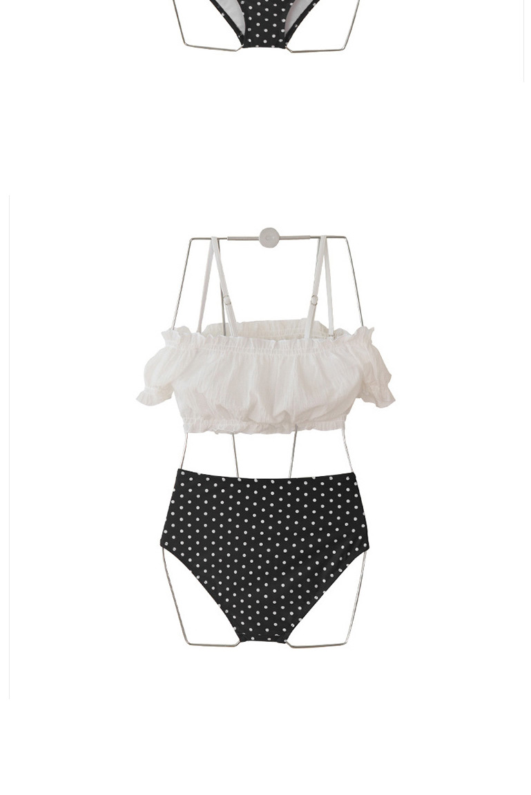Fashion Wave Point Puff Sleeve One-shoulder Polka-dot Split Swimsuit,Bikini Sets