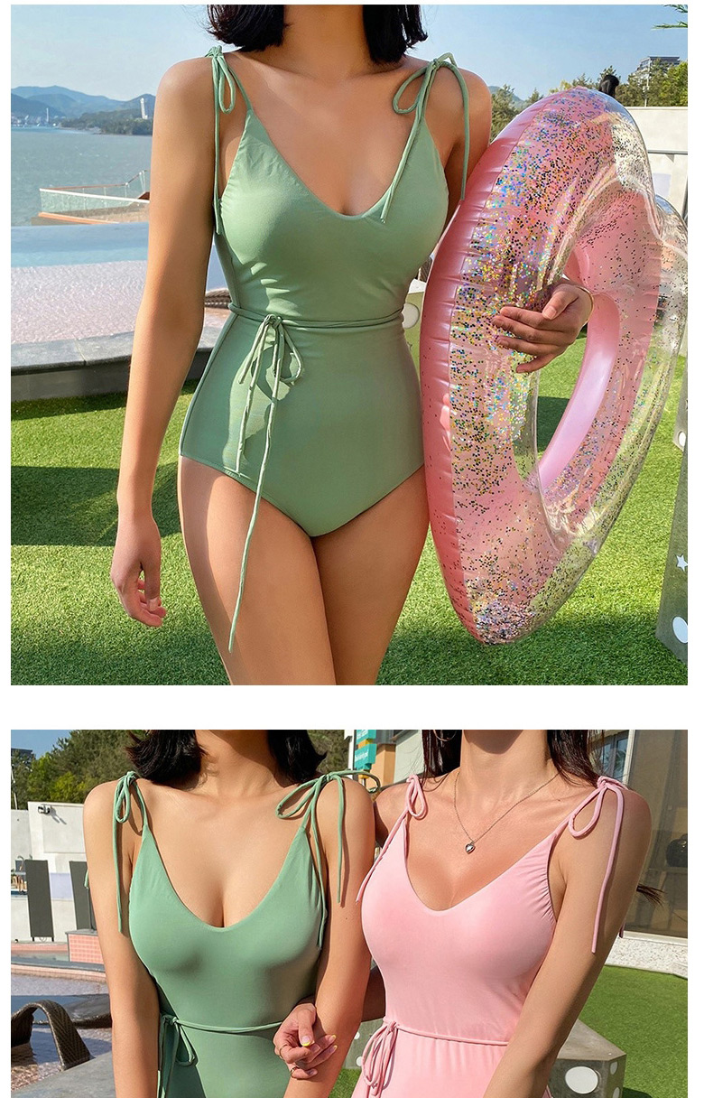 Fashion Pink Tether Strap Solid Color One-piece Swimsuit,One Pieces