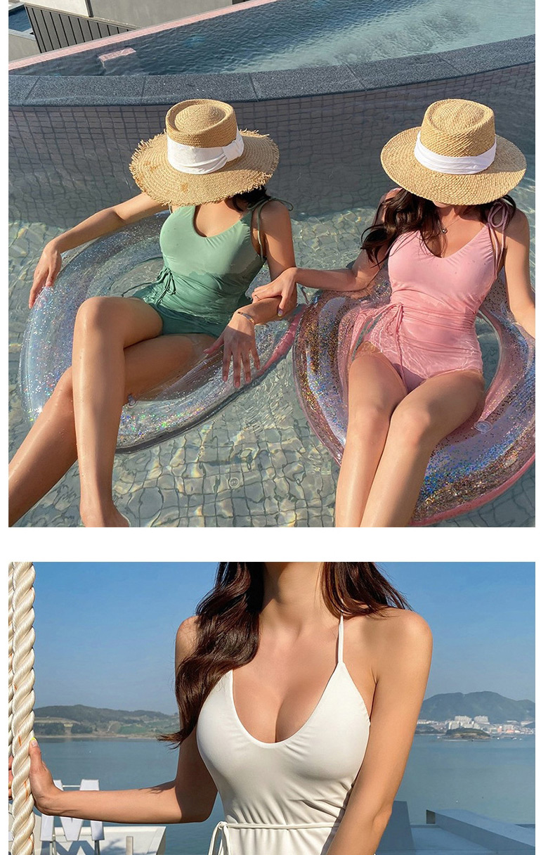 Fashion Green Tether Strap Solid Color One-piece Swimsuit,One Pieces