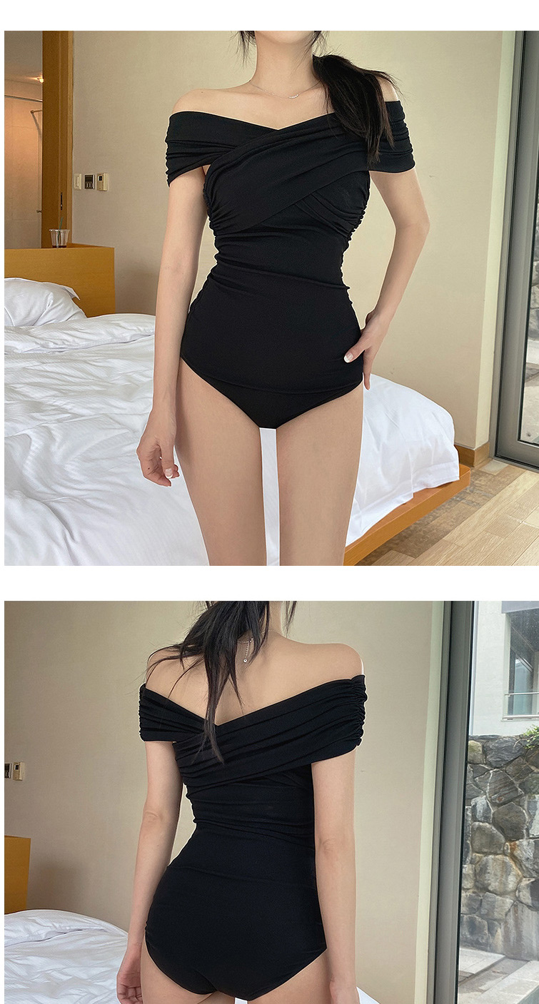 Fashion Pink Cross Contrast Stitching Pleated One-piece Swimsuit,One Pieces