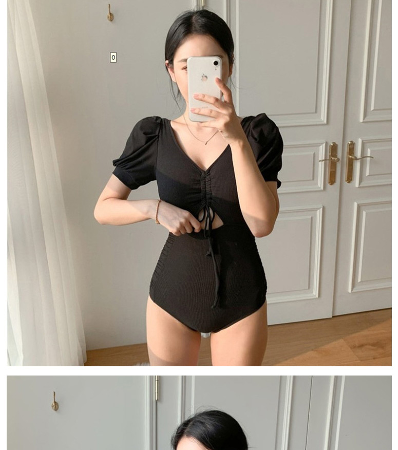 Fashion Black High Waist Drawstring Cutout Swimsuit,One Pieces