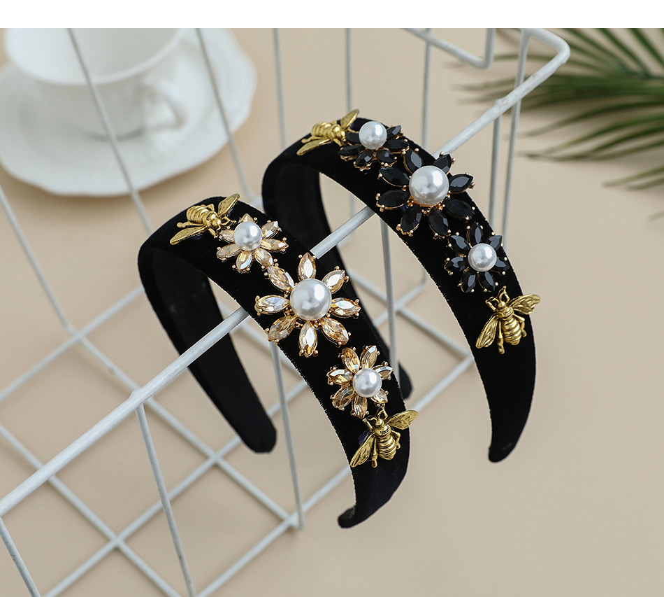 Fashion Black Fabric Alloy Diamond-studded Pearl Bee Flower Headband,Head Band